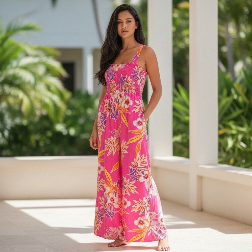 ODDI Women’s L Large Floral Sleeveless Wide Leg Jumpsuit Barbiecore Pink Resort